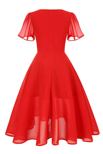 A Line V Neck Red Vintage Dress with Short Sleeves